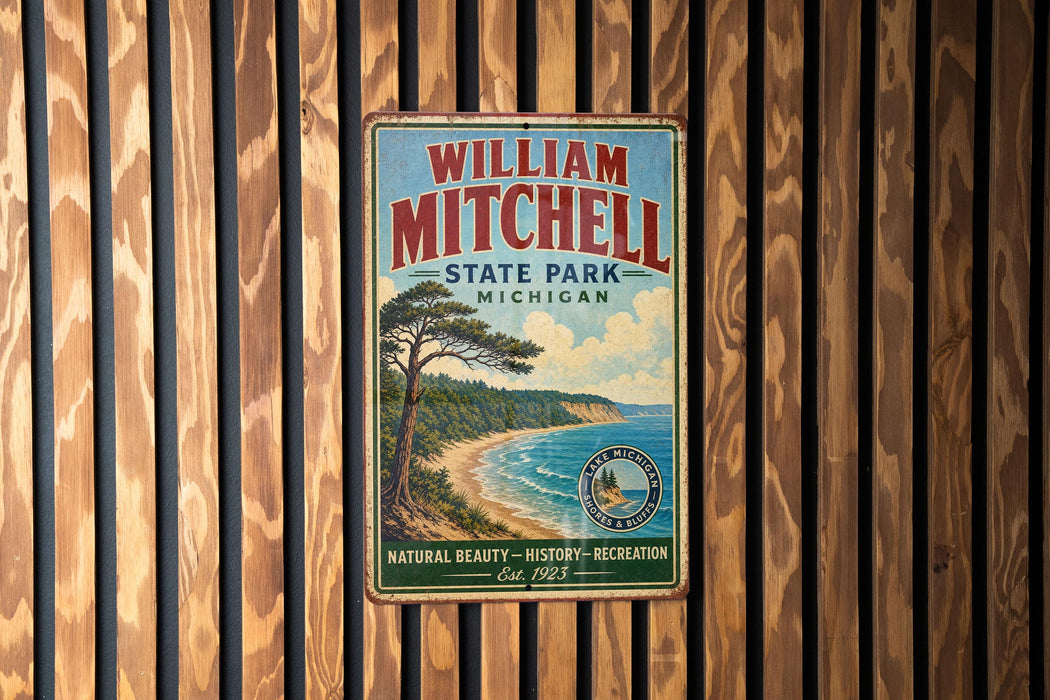 A vintage metal sign for William Mitchell State Park in Michigan, featuring a scenic landscape with a pine tree, a beach, and a lake.