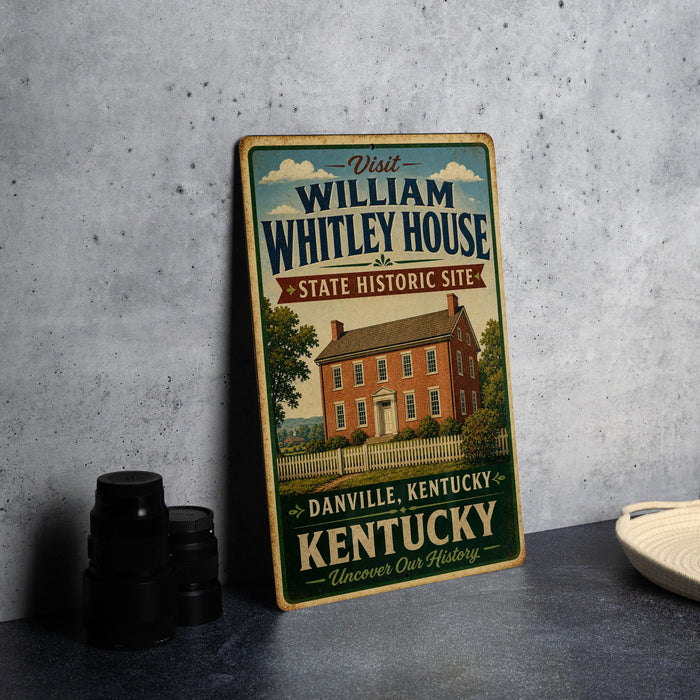 A vintage-style metal sign for the William Whitley House State Historic Site in Danville, Kentucky, with a large illustration of the house and a banner that reads "Visit William Whitley House State Historic Site".