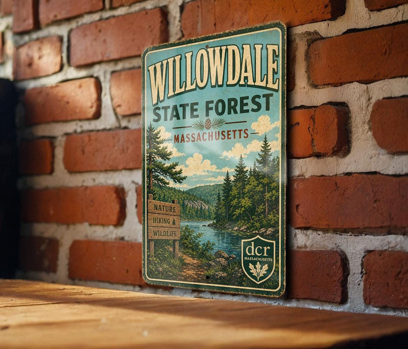 A vintage-style metal sign for the Willowdale State Forest in Massachusetts, featuring a scenic image of a forest and a river.