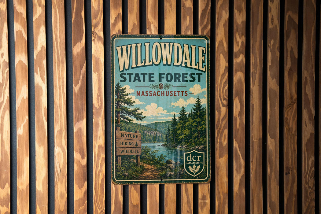 A vintage metal sign for the Willowdale State Forest in Massachusetts, featuring a scenic image of a forest and a river.