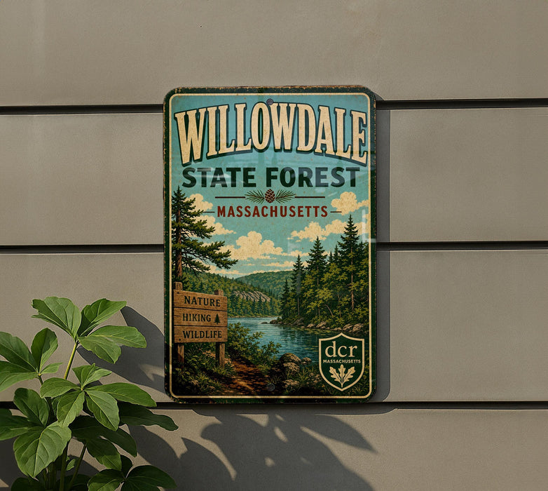A vintage-style metal sign for Willowdale State Forest in Massachusetts, featuring a scenic landscape with pine trees, a river, and hiking trails.