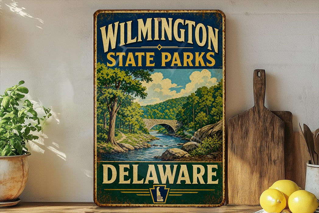 A vintage-style sign for Wilmington State Parks in Delaware, featuring a scenic landscape with a river, bridge, and trees.