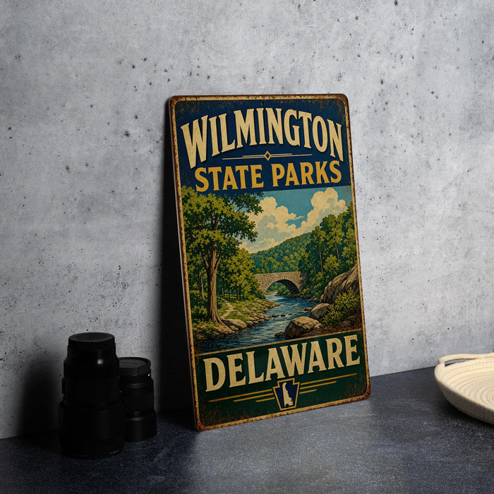A vintage metal sign for Wilmington State Parks in Delaware, featuring a scenic landscape with a river and bridge.