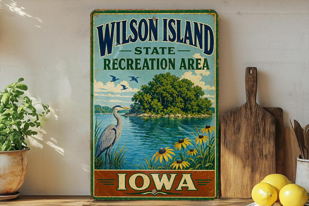 A vintage-style sign for Wilson Island, Iowa, featuring a scenic landscape with a lake, a heron, and flowers.