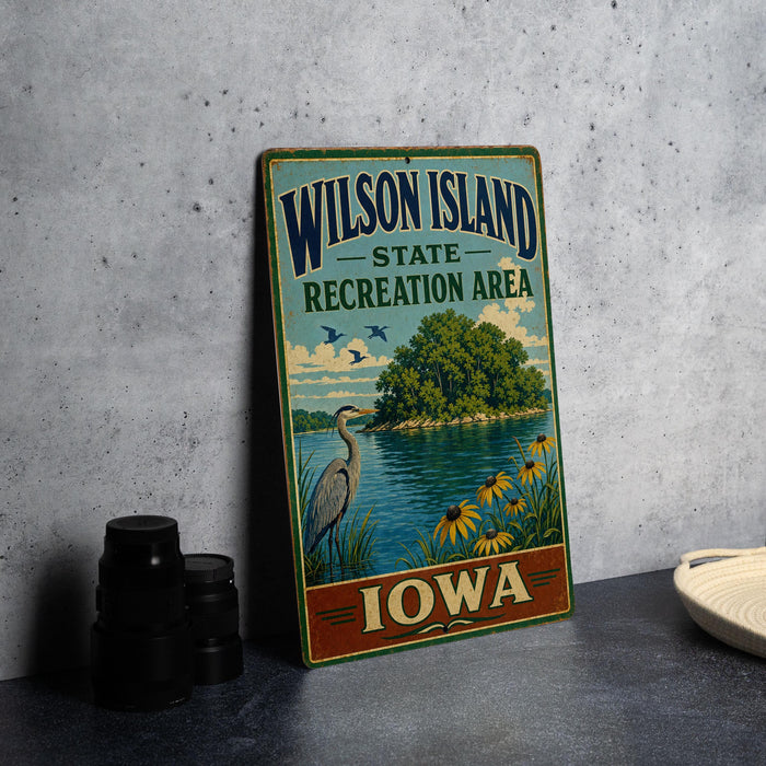 A vintage-style sign for Wilson Island, Iowa, featuring a scenic landscape with a lake, island, and birds.
