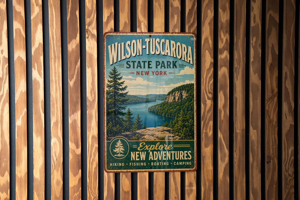 A vintage metal sign for Wilson-Tuscarora State Park in New York, featuring a scenic landscape with a lake and mountains.