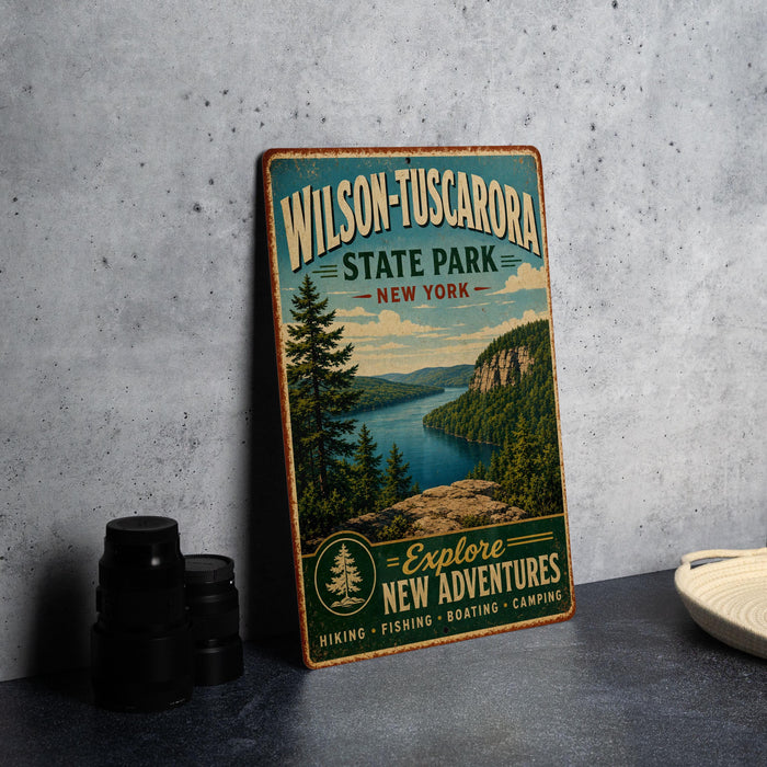 A vintage-style metal sign for Wilson-Tuscador State Park in New York, featuring a scenic landscape with a lake and mountains.