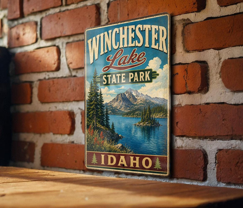 A vintage-style metal sign for Winchester Lake State Park in Idaho, featuring a scenic landscape with mountains, trees, and a lake.