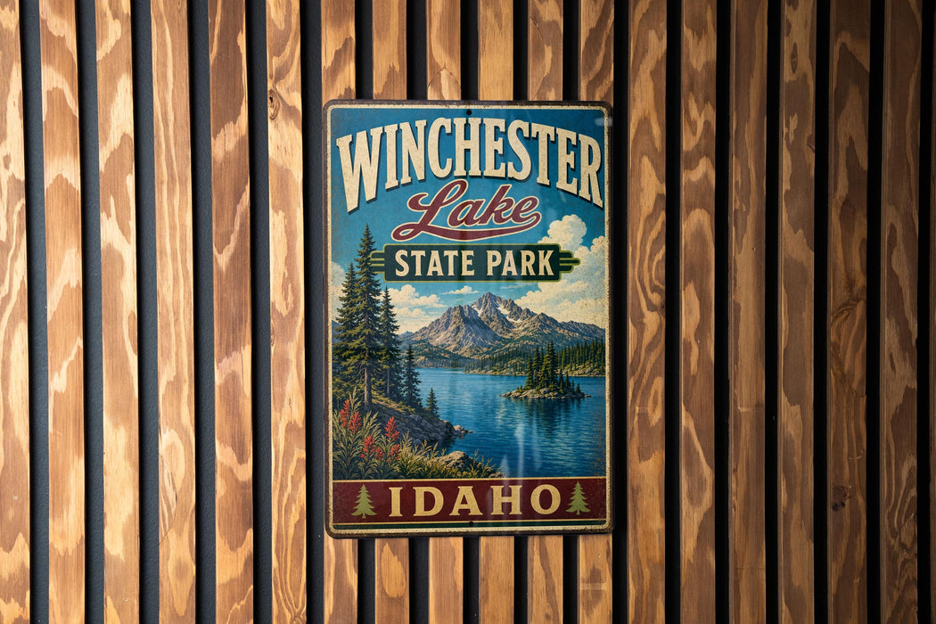 A vintage metal sign for Winchester Lake State Park in Idaho, featuring a scenic landscape with mountains, trees, and a lake.