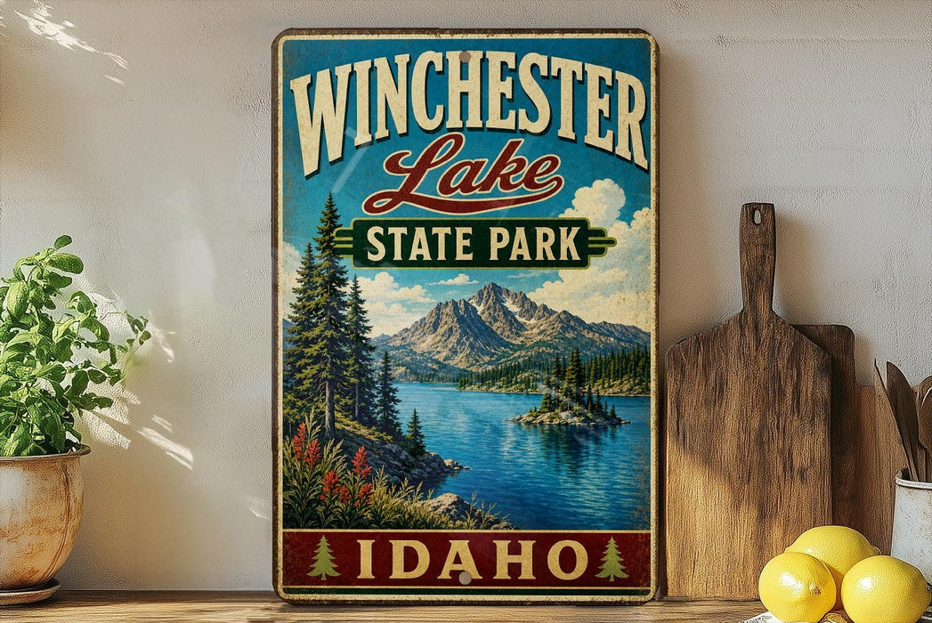 A vintage-style sign for Winchester Lake State Park in Idaho, featuring a scenic landscape with mountains, pine trees, and a lake.