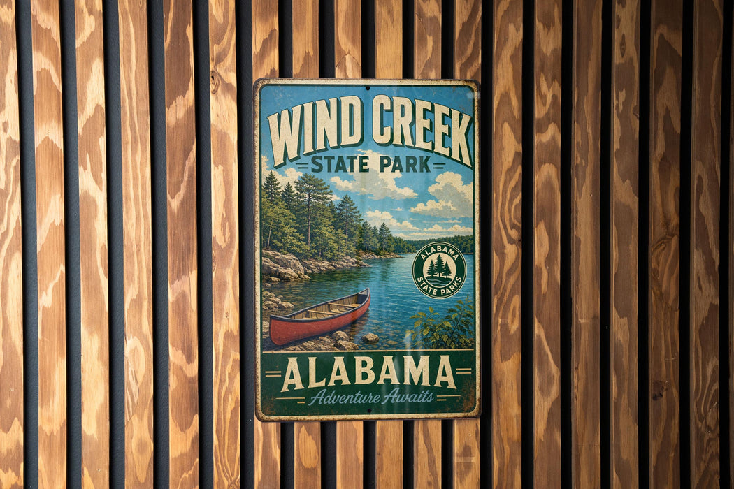 A vintage metal sign for Wind Creek State Park in Alabama, featuring a scenic image of a canoe on a river surrounded by pine trees.