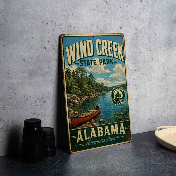 A vintage-style metal sign for Wind Creek State Park in Alabama, featuring a scenic image of a lake with a canoe and surrounded by pine trees.