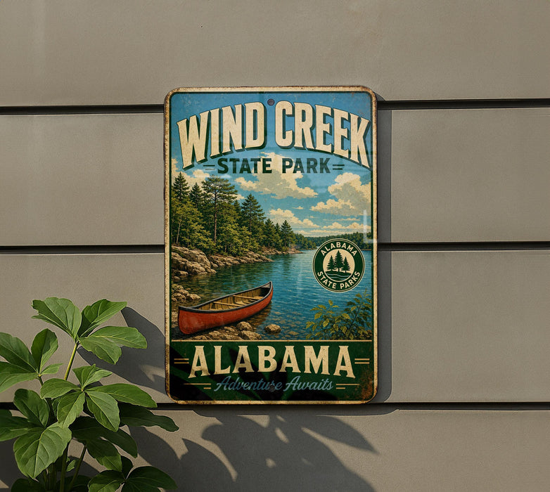 A vintage-style metal sign for Wind Creek State Park in Alabama, featuring a scenic image of a canoe on a lake surrounded by pine trees.