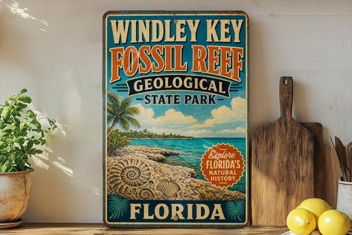A vintage-style sign for Windley Key Fossil Reef State Park in Florida, featuring a tropical beach scene with palm trees and seashells.