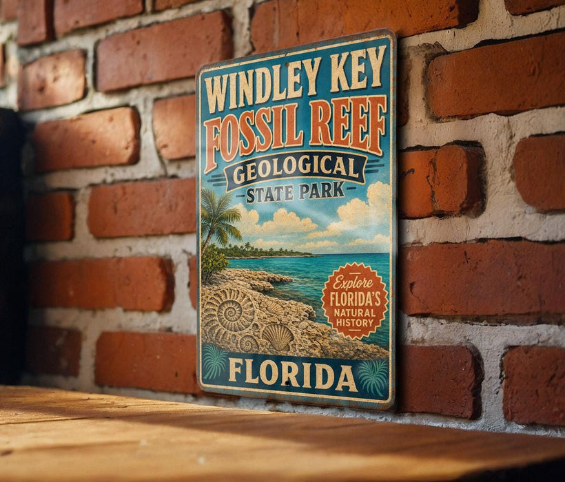 A vintage-style metal sign for Windley Key Fossil Reef, a geological state park in Florida, is displayed on a brick wall.
