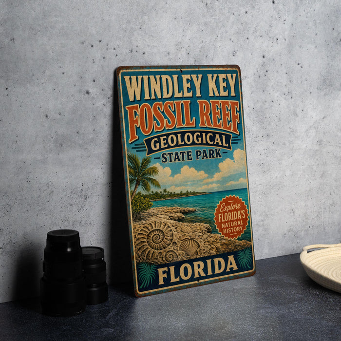 A vintage-style sign for Windley Key Fossil Reef, a geologically significant area in Florida, featuring a tropical beach scene and palm trees.