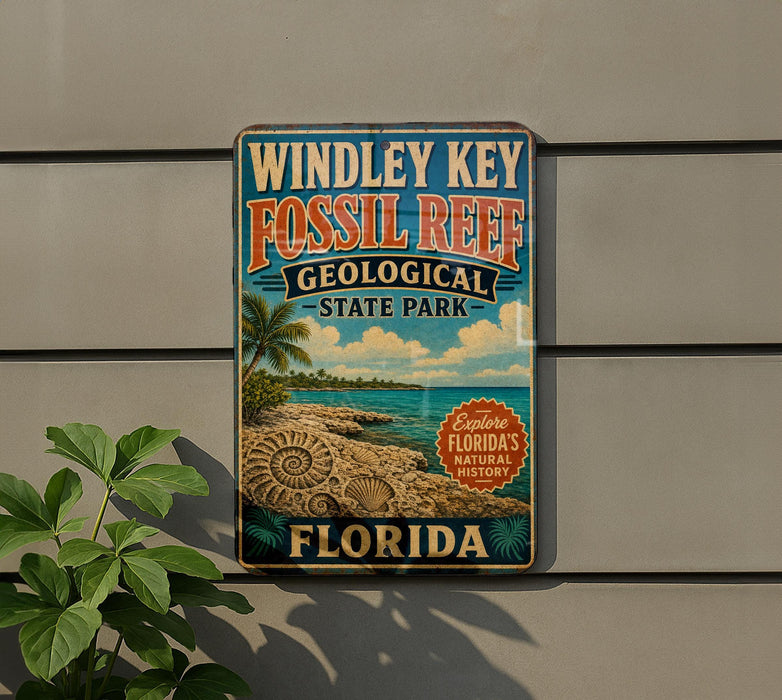 A vintage-style metal sign for Windley Key, Fossil Reef, and Florida State Park, featuring a tropical beach scene with palm trees and a fossil.