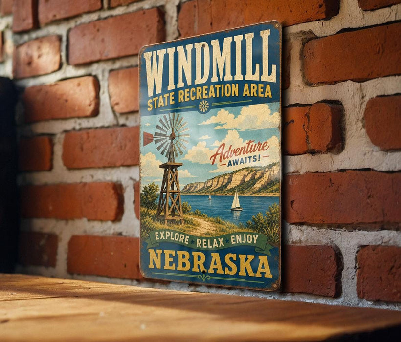 A vintage-style metal sign for the Windmill State Recreation Area in Nebraska, featuring a windmill and a scenic landscape.