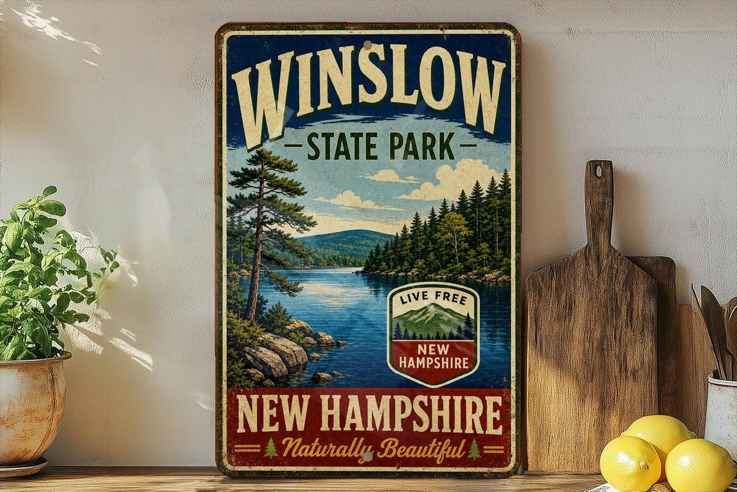 A vintage-style sign for Winslow State Park in New Hampshire, featuring a scenic landscape with pine trees, a lake, and mountains.