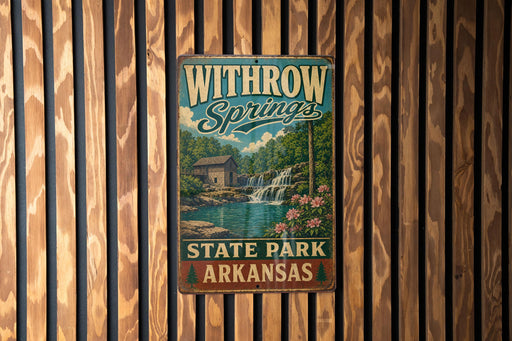 A vintage metal sign for Withrow Springs State Park in Arkansas, featuring a scenic illustration of a waterfall and a cabin.