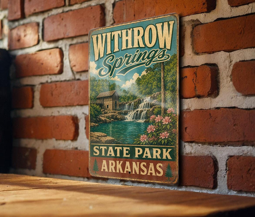 A vintage-style metal sign with the text "Withrow Springs State Park Arkansas" is displayed on a brick wall.