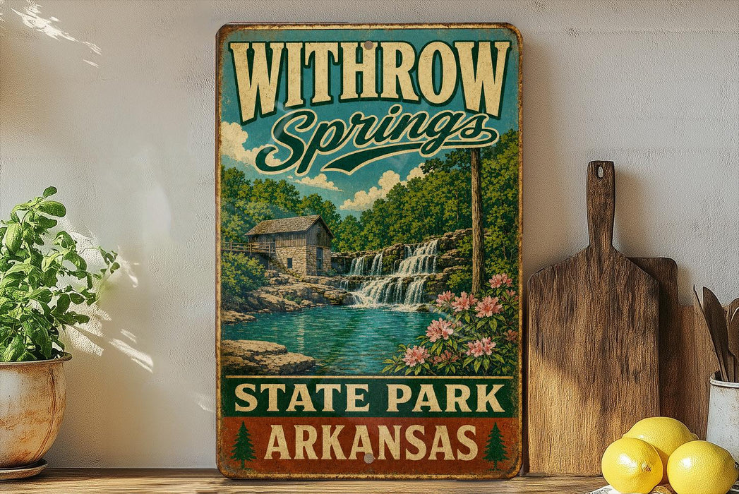 A vintage-style sign for Withrow Springs State Park in Arkansas, featuring a scenic illustration of a waterfall and a cabin.