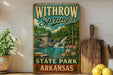A vintage-style sign for Withrow Springs State Park in Arkansas, featuring a scenic illustration of a waterfall and a cabin.
