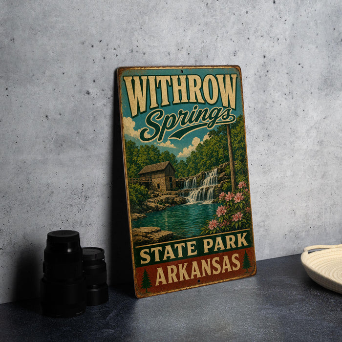 A vintage metal sign for Wthrow Springs State Park in Arkansas, featuring a scenic illustration of a waterfall and a cabin.