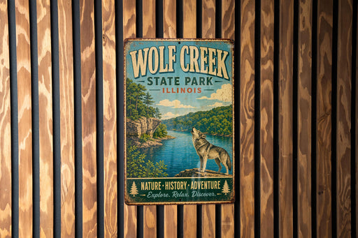 A vintage-style metal sign for Wolf Creek State Park in Illinois, featuring a wolf standing on a rock overlooking a river.