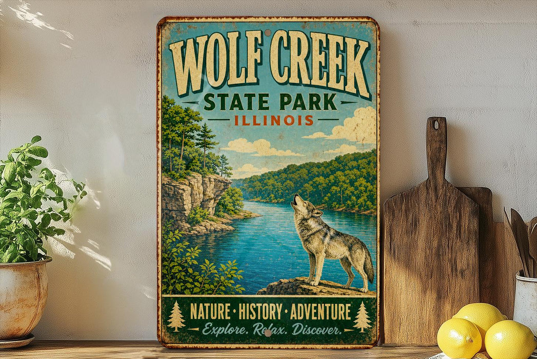 A vintage-style sign for Wolf Creek State Park in Illinois, featuring a wolf howling at the water and surrounded by lush greenery.