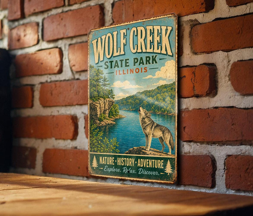 A vintage-style metal sign for Wolf Creek State Park in Illinois, featuring a wolf howling at the water and surrounded by trees.