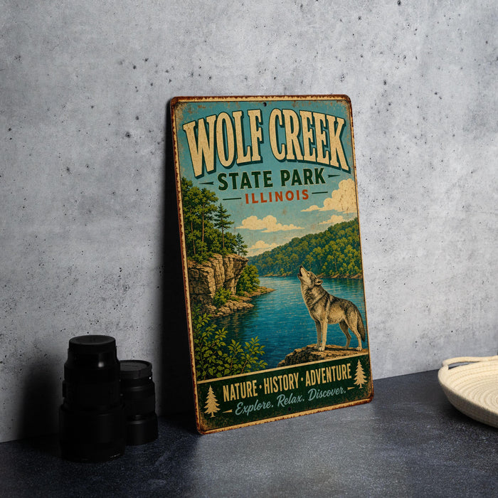 A vintage-style metal sign for Wolf Creek State Park in Illinois, featuring an illustration of a wolf standing on a rock overlooking a river.