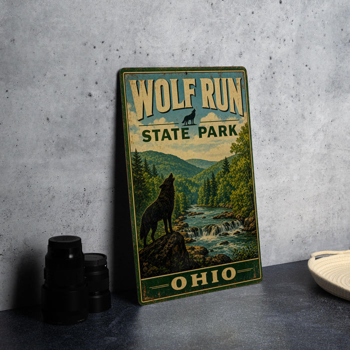 A vintage-style metal sign for Wolf Run State Park in Ohio, featuring a wolf standing on a rock overlooking a river surrounded by trees.
