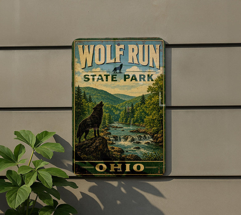 A vintage-style metal sign for Wolf Run State Park in Ohio, featuring a wolf standing on a rock overlooking a river surrounded by trees.