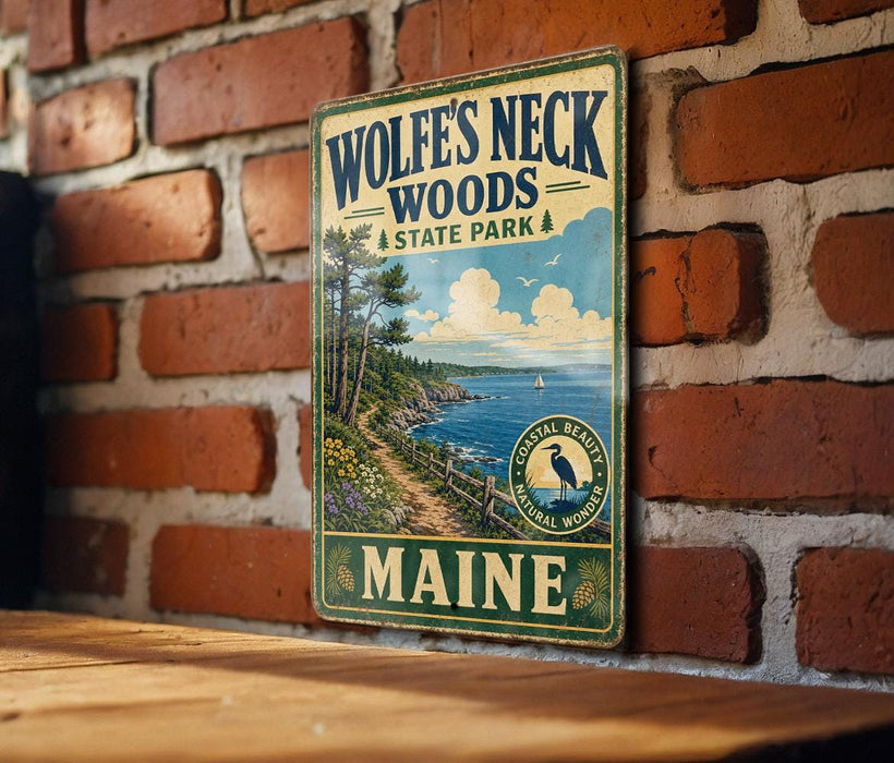A vintage-style metal sign for Wolf's Neck Woods State Park in Maine, featuring a scenic landscape with a path leading to a body of water and a bird.