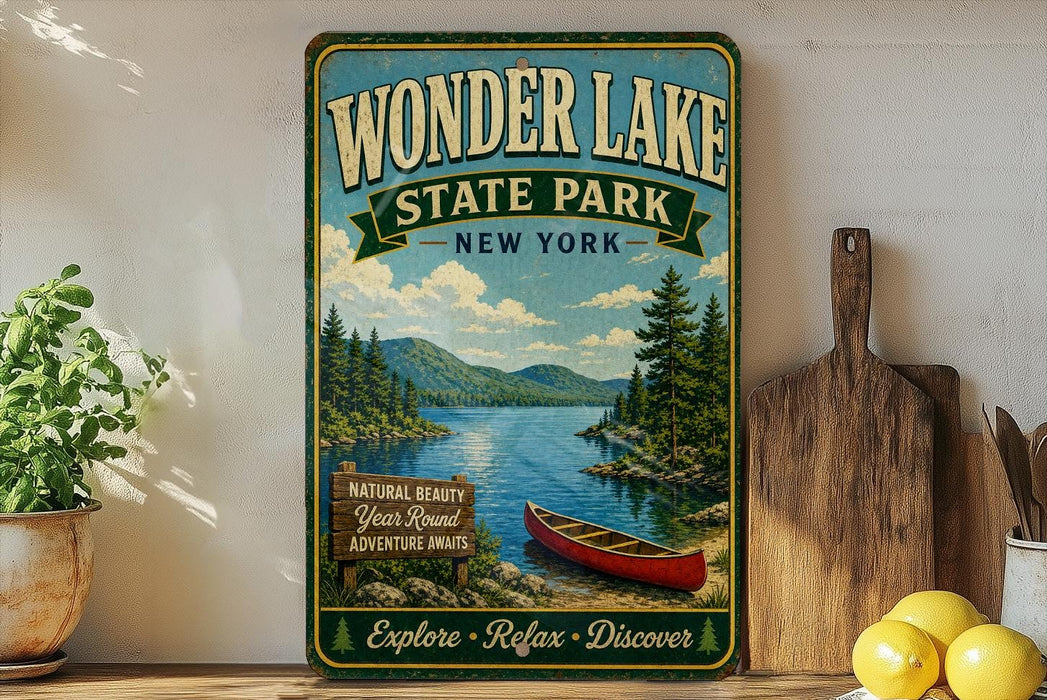 A vintage-style sign for Wonder Lake State Park in New York, featuring a scenic image of a lake surrounded by pine trees and mountains.