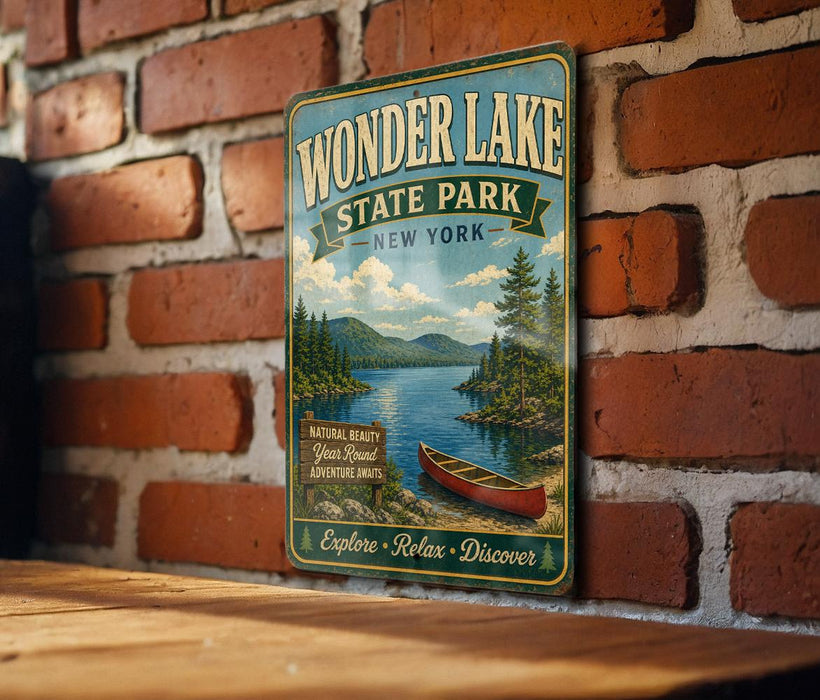 A vintage-style metal sign for Wonder Lake State Park in New York, featuring a scenic illustration of a lake surrounded by pine trees and mountains.