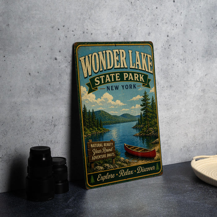 A vintage-style metal sign for Wonder Lake State Park in New York, featuring a scenic illustration of a lake, mountains, and a canoe.
