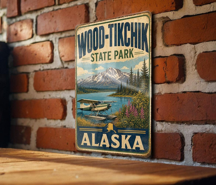 A vintage-style metal sign for Wood-Tikik State Park in Alaska, featuring a scenic landscape with a plane and mountains in the background.