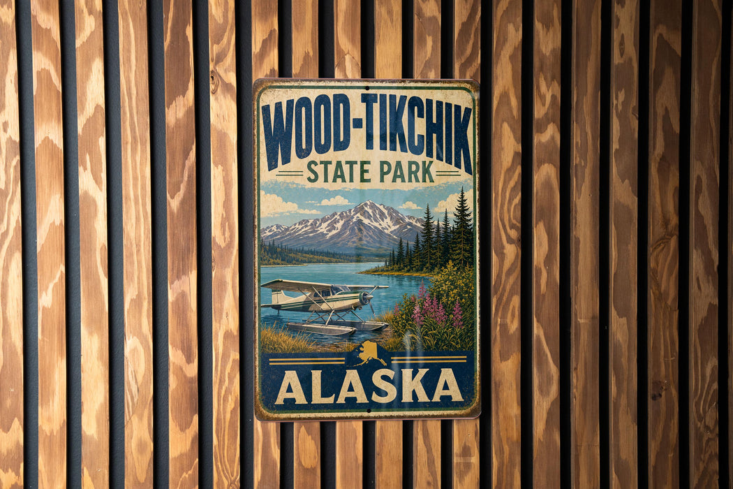 A vintage-style metal sign for Wood-Tikik State Park in Alaska, featuring a scenic image of a lake, mountains, and a plane.