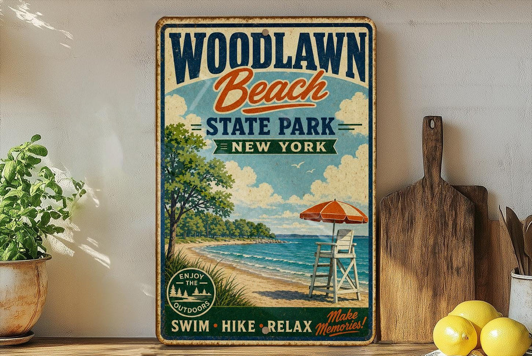 A vintage-style sign for Woodlawn Beach State Park in New York, featuring a beach scene with a lifeguard chair, umbrella, and a wooden paddle.