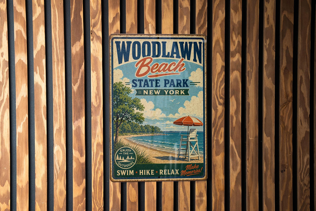 A vintage-style metal sign for Woodlawn Beach State Park in New York, featuring a beach scene with a lifeguard chair and an umbrella.