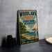 A vintage-style sign for Woodlawn Beach State Park in New York, featuring a beach scene with an umbrella, lifeguard chair, and a scenic view of the ocean.