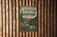 A vintage-style metal sign for the Woodson Bridge, a California state recreation area, is displayed on a wooden wall.