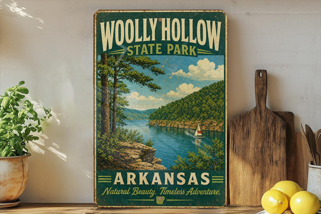 A vintage-style sign for Wolly Hollow State Park in Arkansas, featuring a scenic landscape with a river, trees, and a sailboat.