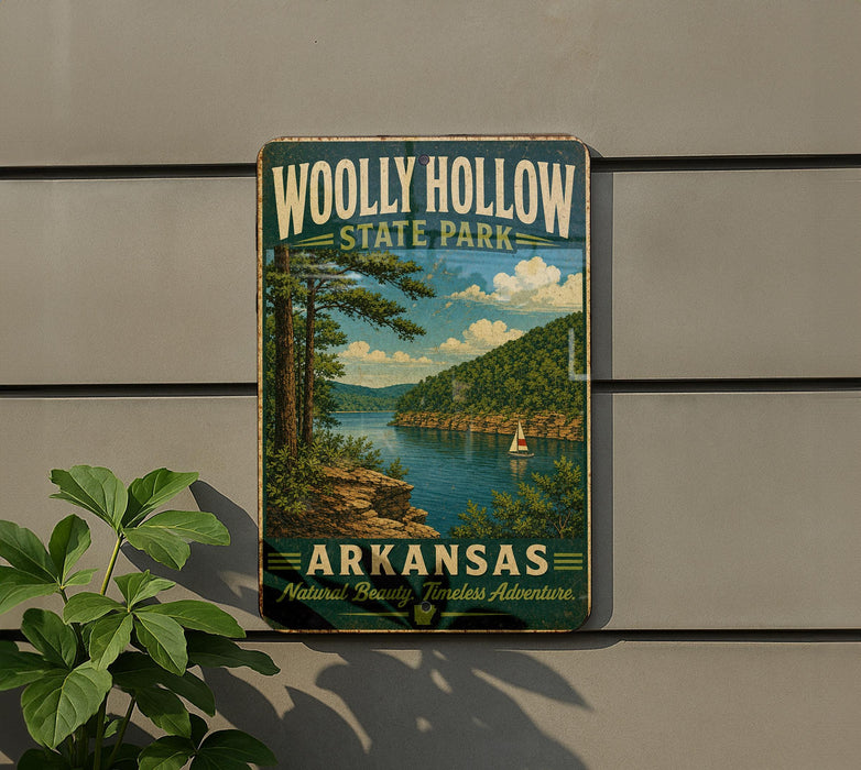 A vintage-style sign for Wolly Hollow State Park in Arkansas, featuring a scenic landscape with a lake, mountains, and a sailboat.