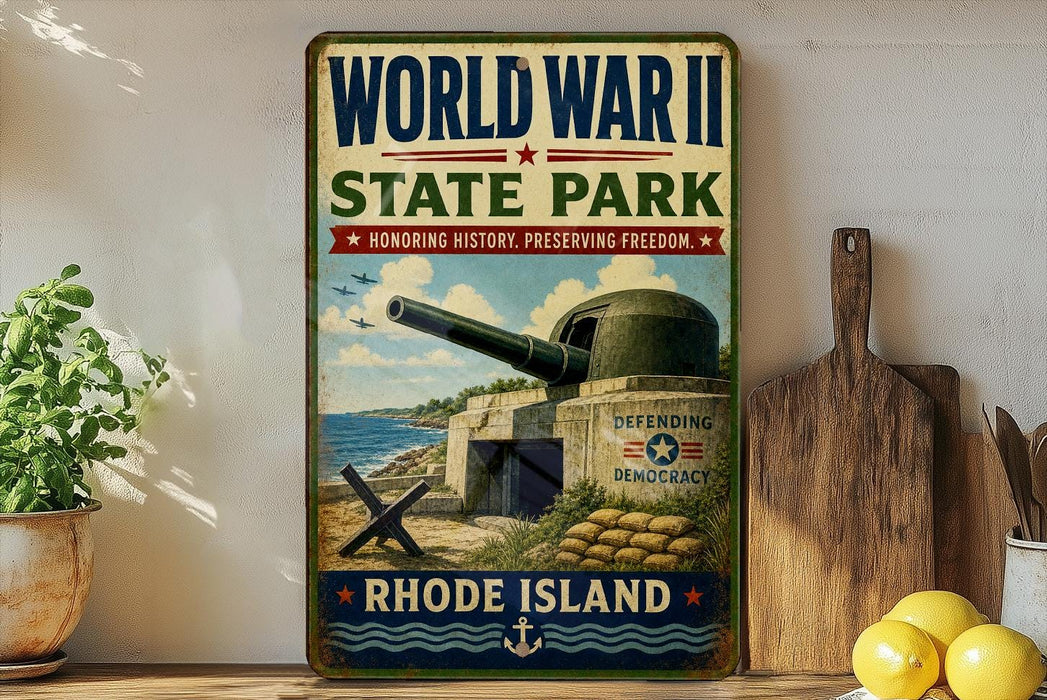 a vintage World War II commemorative sign for Rhode Island State Park, with a large cannon and a wooden paddle on a shelf.