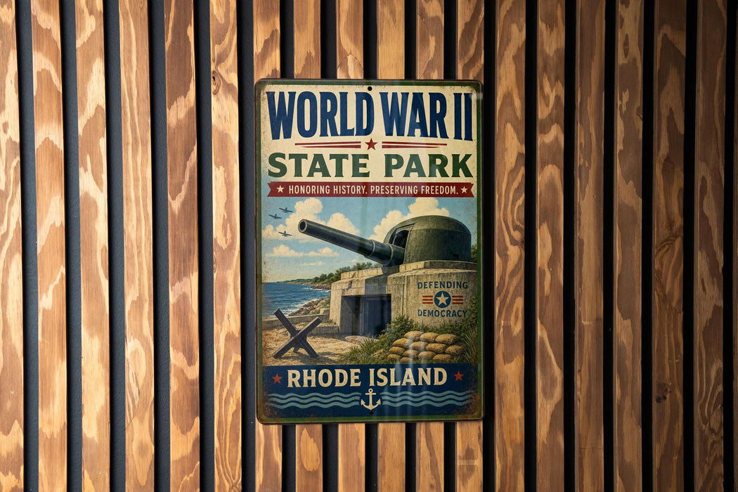 A vintage World War II state park sign from Rhode Island, featuring a cannon and a scenic coastal landscape.