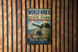 A vintage World War II state park sign from Rhode Island, featuring a cannon and a scenic coastal landscape.
