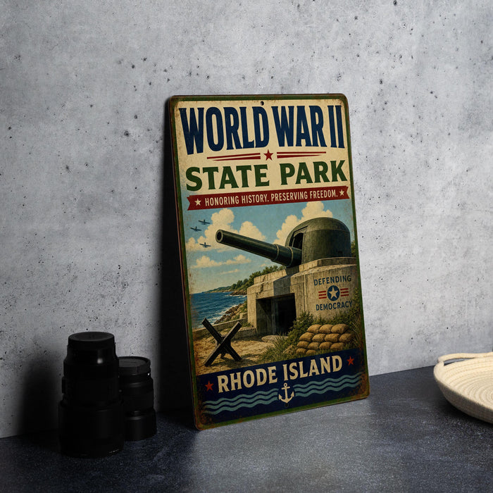 A vintage World War II commemorative sign for Rhode Island State Park, featuring an illustration of a World War II fort and a cannon, with the text "WORLD WAR II STATE PARK" and "HONORING HISTORY, PRESERVING FREEDOM".